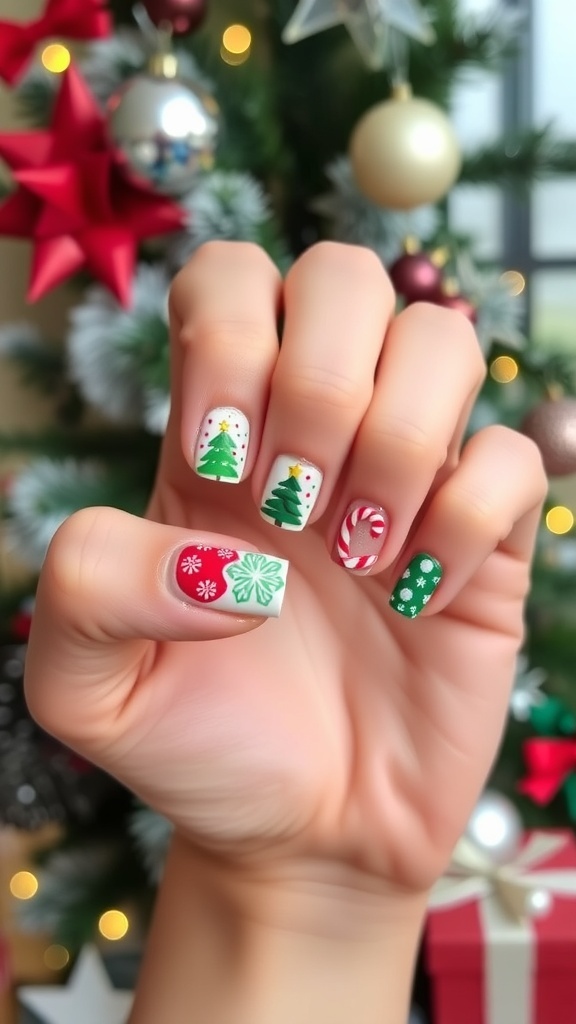 Festive Christmas nail art with snowflakes, trees, and candy canes on a manicured hand.